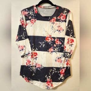 PRETTY PINK FLORAL WIDE STRIPE 3/4 SLEEVE TOP **Last Chance**